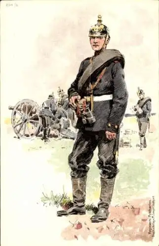 Künstler Litho Becker, C., Deutsche Soldaten in Uniformen, Geschütz, Fernglas