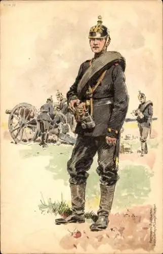 Künstler Litho Becker, C., Deutsche Soldaten in Uniformen, Geschütz, Fernglas