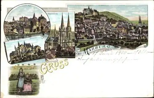 Litho Marburg an der Lahn, Gesamtansicht, Universität, Schloss, Elisabethkirche, Trachten