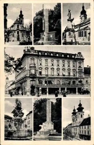 Ak Győr Ungarn, Denkmal, Brunnen, Kirche, Rathaus