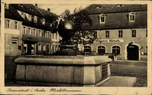 Ak Bernstadt auf dem Eigen Sachsen, Marktbrunnen, Brauner Hirsch