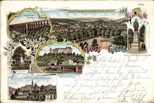 Litho Greiz im Vogtland Thüringen, Panorama, Bismarckdenkmal, Schloss, Schule, Göltzschthalbrücke