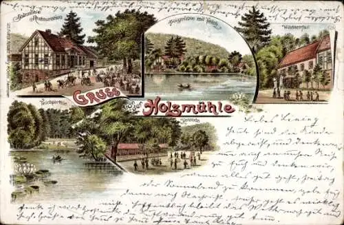 Litho Eldagsen Springe am Deister Niedersachsen, Restaurant Holzmühle, Teich, Wasserfall