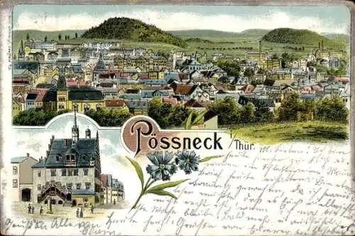 Litho Pößneck in Thüringen, Gesamtansicht, Rathaus