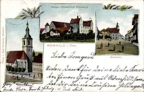 Ak Römhild in Thüringen, Stadtkirche, Krieger-Waisenhaus Glücksburg, Marktplatz