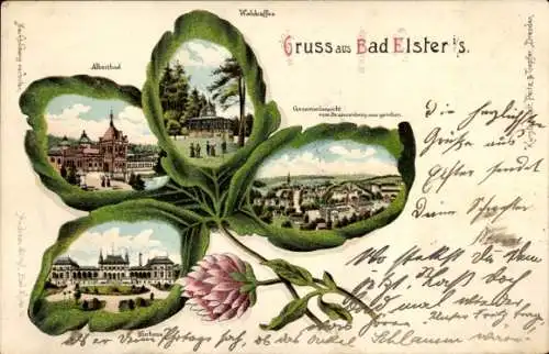 Kleeblatt Litho Bad Elster im Vogtland, Waldcaffee, Gesamtansicht, Albertbad, Kurhaus