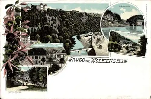 Litho Wolkenstein im Erzgebirge, Arnolds Restauration, Flossplatz, Waldmühle, Hüttenmühle