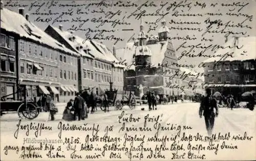 Ak Hildburghausen in Thüringen, Marktplatz, Pferdewagen, Schnee, Passanten