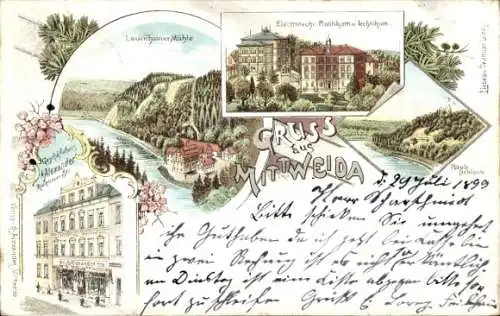 Litho Mittweida in Sachsen, Technikum, Lauenhainer Mühle, Geschäftshaus A. Alexander, Raubschloss