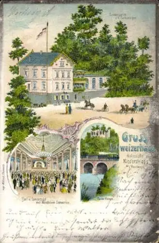 Litho Niederstriegis Roßwein in Sachsen, Gasthaus Schweizerhaus, Konzertgarten, Parkanlagen