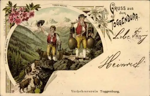 Litho Toggenburg Kanton St. Gallen, Alpfahrt im Sommer, Tracht, Verkehrsverein