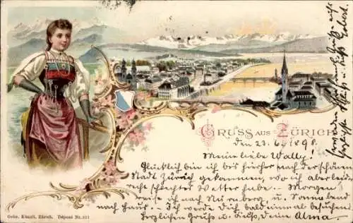 Litho Zürich Stadt Schweiz, Frau in Tracht, Teilansicht der Stadt