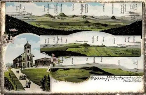 Litho Komáří hůrka Mückentürmchen Osterzgebirge Reg. Aussig, Panorama vom Ort, Seeberg, Stürmer