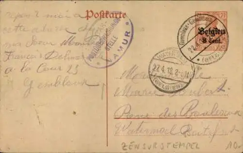 Stempel Militär-Postüberwachungs-Stelle Namur, Zensur, 1. WK