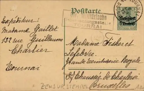 Stempel Militärische Ueberwachungsstelle Tournai, Zensur, 1. WK