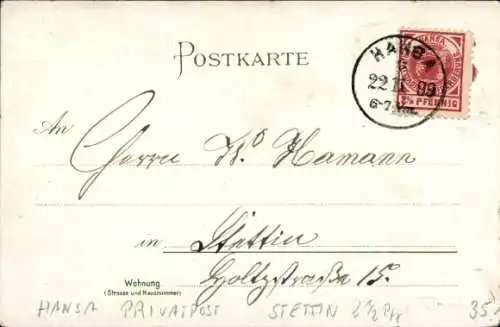 Privatpost Hansa, Stettin, Privatstadtbeförderung, 2 1/2 Pfennig