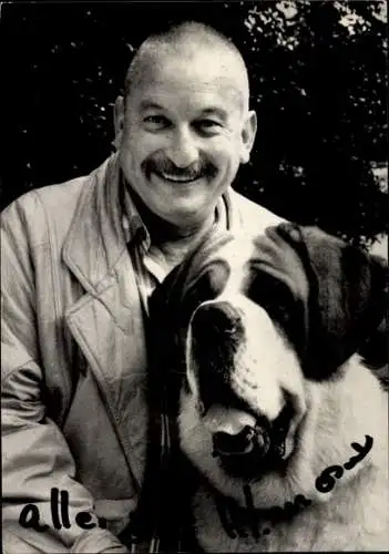 Ak Schauspieler Hans-Heinz Moser, Portrait mit Hund, Autogramm