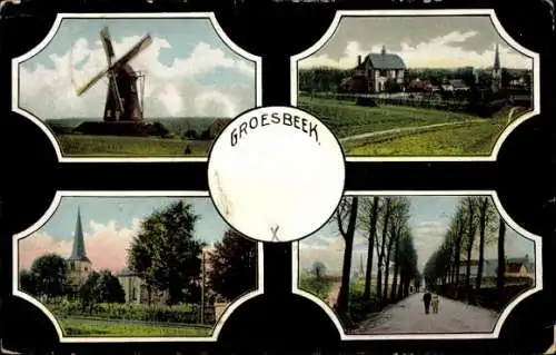 Ak Groesbeek Gelderland, Windmühle, Panorama vom Ort, Kirche, Allee