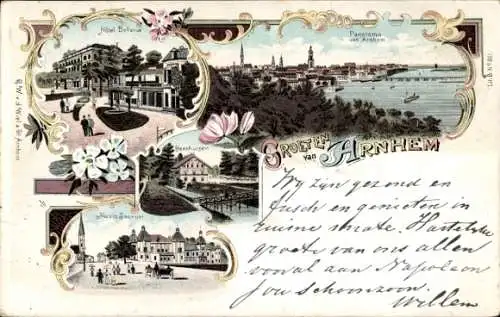 Lithographie Arnhem Gelderland Niederlande, Hotel Bellevue, Panorama, Beekhuizen