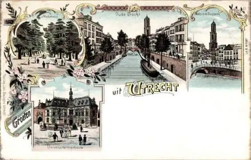 Lithographie Utrecht Niederlande, Oude Gracht, Domtoren, Universität