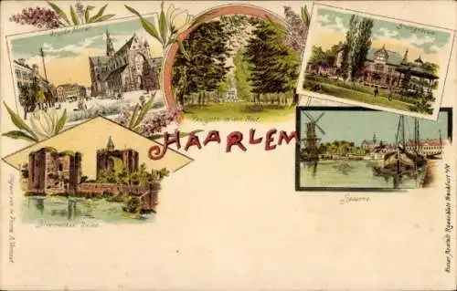 Lithographie Haarlem Nordholland Niederlande, Groote Markt, Bloemendaal Ruine, Spaarne