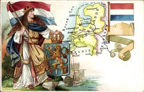 Landkarten Wappen Litho Niederlande, Allegorie, Fahnen