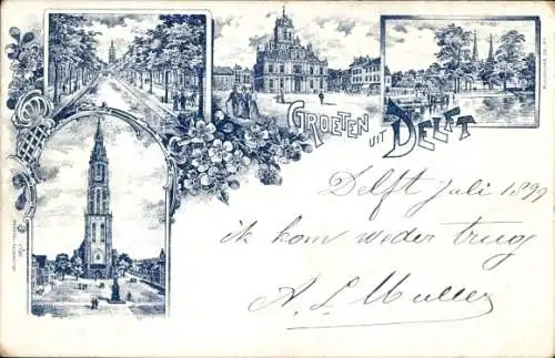 Lithographie Delft Südholland Niederlande, Allee, Kirche, Rathaus