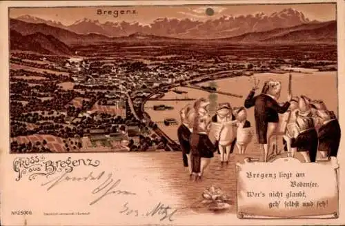 Litho Bregenz am Bodensee Vorarlberg, Gesamtansicht, Singende Frösche