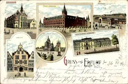 Litho Erfurt in Thüringen, Rathaus, Regierungsgebäude, Bahnhof, Dom, Post