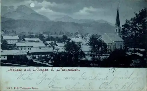 Mondschein Ak Bergen im Chiemgau Oberbayern, Gesamtansicht