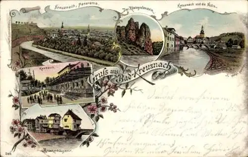 Litho Bad Kreuznach in Rheinland Pfalz, Rheingrafenstein, Kurhaus, Brückenhäuser, Nahe, Panorama