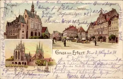 Litho Erfurt in Thüringen, Dom, Severikirche, Rathaus, Haus zum roten Ochsen