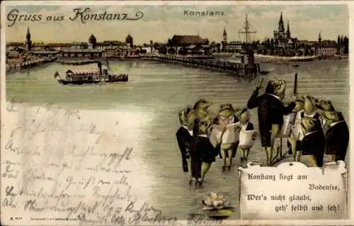 Litho Konstanz am Bodensee, Gesamtansicht, vermenschlichte Frösche, Chor