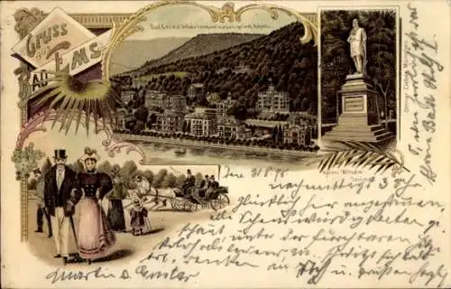 Litho Bad Ems im Rhein Lahn Kreis, Schweizerhaus, Russ. Griech. Kapelle, Denkmal