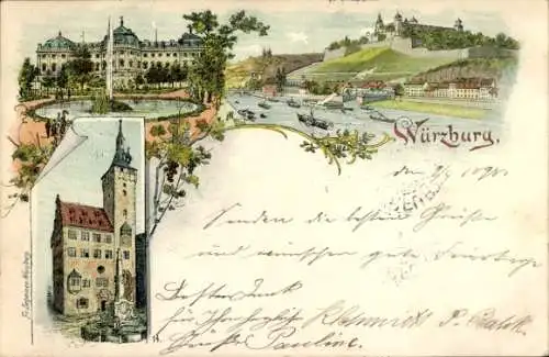 Litho Würzburg am Main Unterfranken, Gesamtansicht, Kirche, Springbrunnen