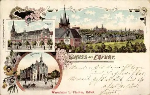 Litho Erfurt in Thüringen, Post, Rathaus