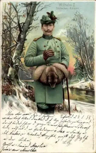 Litho Porträt Kaiser Wilhelm II. auf der Jagd, Zigarette, Muff, Winter