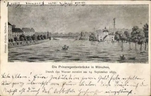 Ak München, Prinzregentenbrücke, durch Wasser zerstört 1899