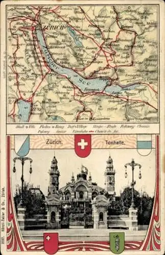 Landkarten Wappen Ak Zürich Stadt Schweiz, Tonhalle, Züricher See