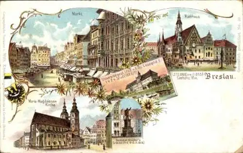 Litho Wrocław Breslau Schlesien, Markt, Rathaus, Maria-Magdalenen-Kirche, Universität um 1702