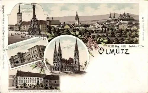 Litho Olomouc Olmütz Stadt, Dom, Bahnhof, Rathaus, Dreifaltigkeitskirche