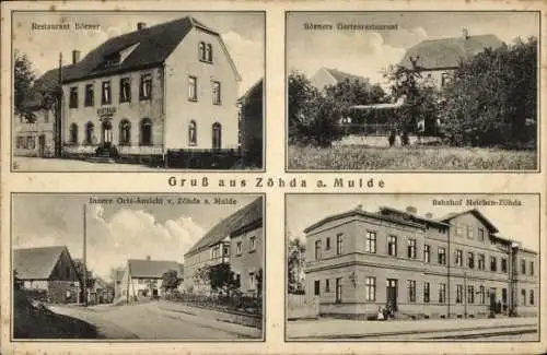 Ak Zöhda Grimma in Sachsen, Restaurant Börner, Straßenpartie, Bahnhof Neichen Zöhda