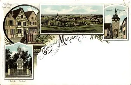 Litho Marbach am Neckar, Schiller-Denkmal, Schillers-Geburtshaus, Oberer Torturm