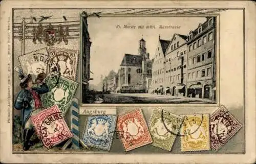 Präge Briefmarken Ak Augsburg in Schwaben, Sankt Moritz, Mittlere Maxstraße