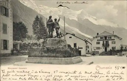 Ak Chamonix Mont Blanc Haute Savoie, Monument Saussure, Gebirge, Hotel