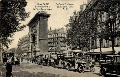 Ak Paris X, Boulevard, Porte Saint Martin, Automobil