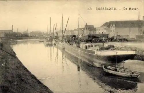 Ak Roeselare Roeselaere Rousselare Roulers Westflandern, Hafenbild, Frachter