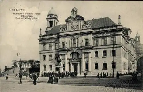 Ak Dresden Altstadt, Brühl'sche Terrasse, Ständehaus, Denkmal König Albert