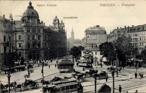 Ak Dresden Altstadt, Postplatz, Annenkirche, Kaiserliches Postamt, Straßenbahnen