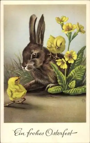 Ak Frohe Ostern, Osterhase, Küken, Blumen